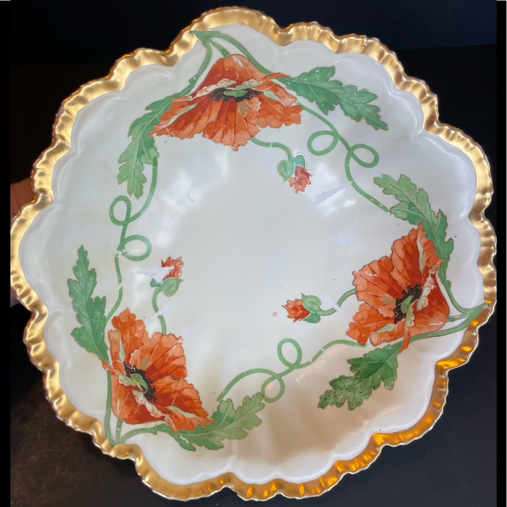 Antique Bowl Poppies Gold Encrusted Scalloped Edge Large Decorative.